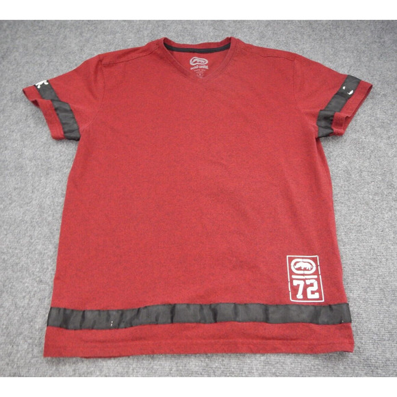 Ecko T-Shirt Men's Large Red Black Stripe 72 Logo Short Sleeve Y2K V-Neck‎ - Picture 1 of 8